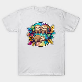 Sleepy Sloths In Tree Neon Art T-Shirt